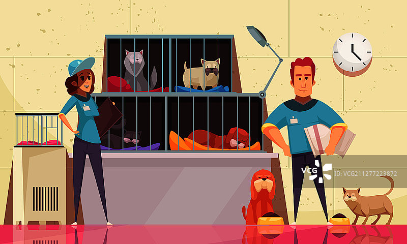 动物收容所横幅插画，宠物在笼子里，志愿者喂养动物扁平矢量图图片素材