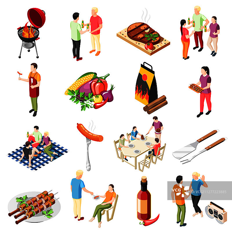 烧烤派对2.5D图标集：烧烤食物及户外烤架矢量图图片素材