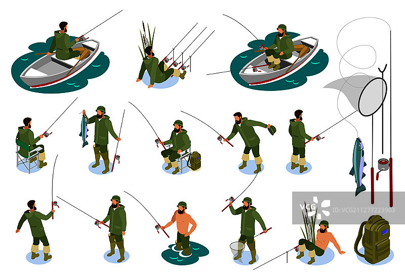 渔民垂钓2.5D矢量插画图片素材