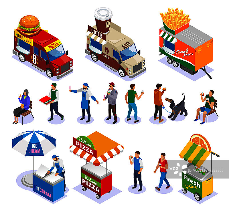 街头美食车顾客售货员2.5D图标图片素材