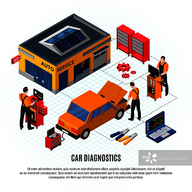 具有维修和备件符号的汽车诊断2.5D概念矢量图图片素材