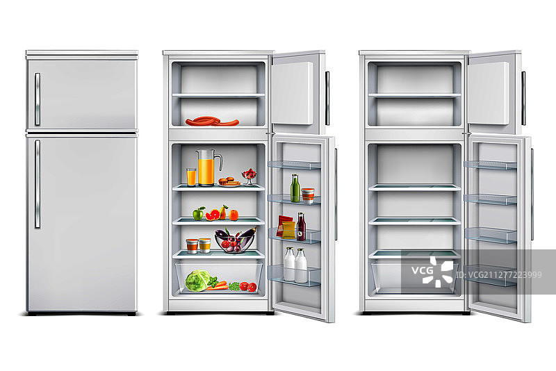 冰箱冷藏逼真素材，包含带产品、开门和关门的独立冷藏单元矢量图。冰箱单元逼真素材合集图片素材