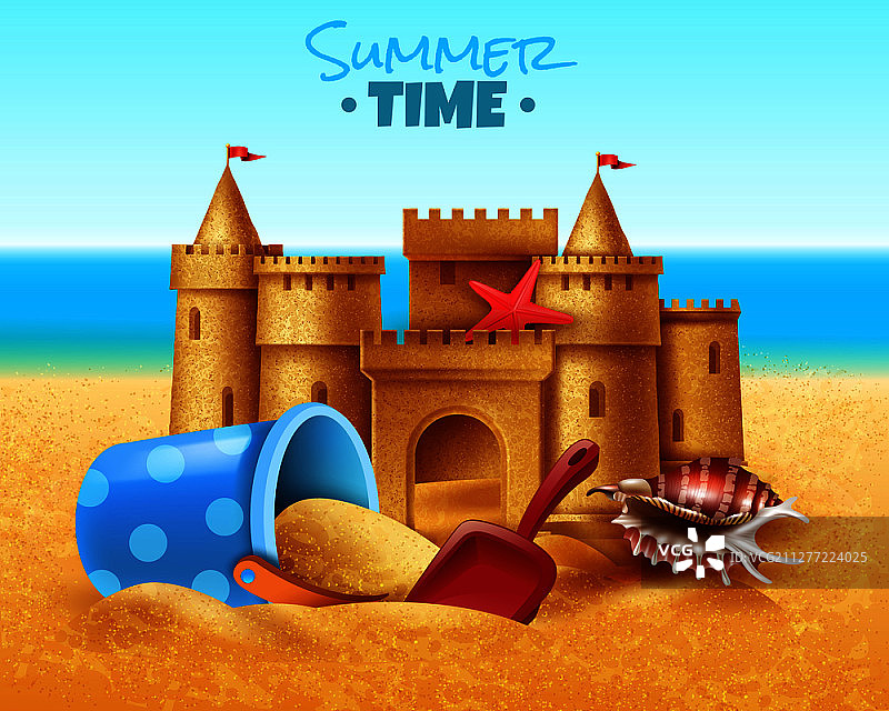 夏季海滩沙堡和儿童沙坑玩具写实矢量插画图片素材