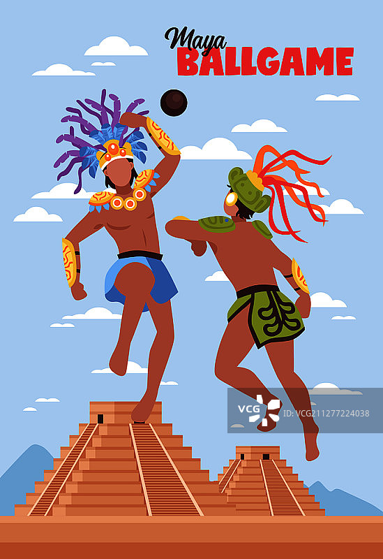 玛雅文明背景：古代人物在金字塔前玩球图片素材