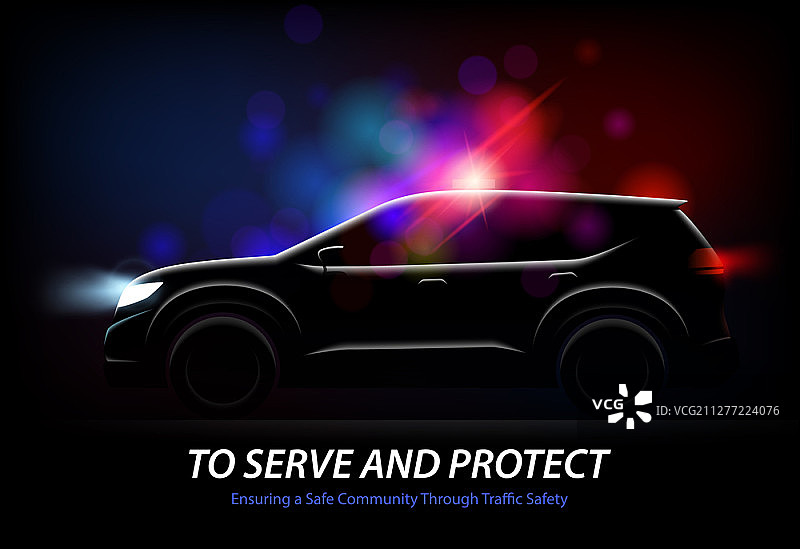 逼真警车灯光与移动汽车轮廓视图，矢量素材图片素材