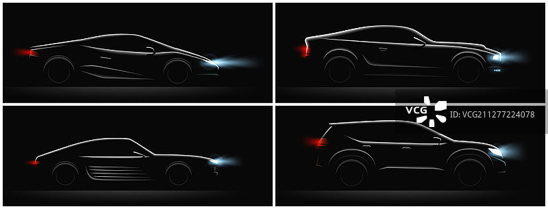 逼真汽车剪影，四种车身，发光行车灯，矢量图片素材