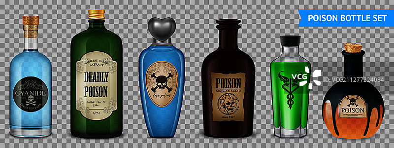 具有魔法瓶容器和标签的逼真透明毒药套装矢量图图片素材