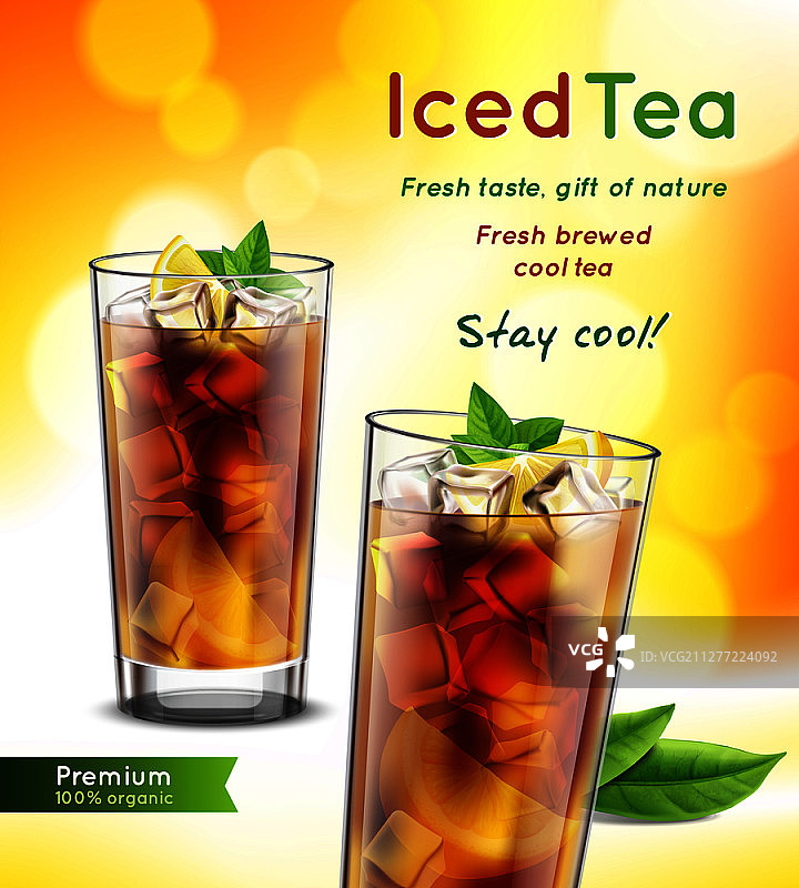 冰茶包装逼真广告，含两杯薄荷柠檬宣传矢量图图片素材