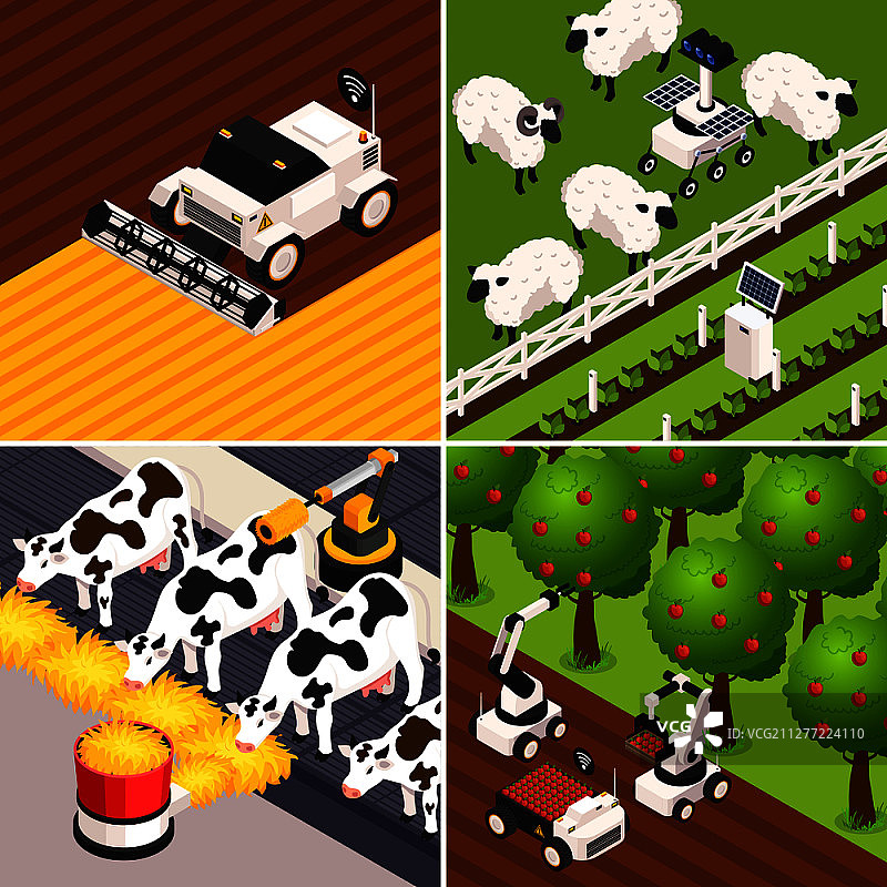 智慧农场概念图标，含农场动物2.5D矢量插画图片素材