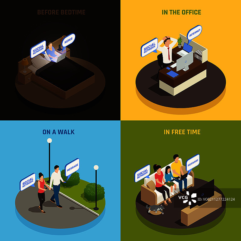 2.5D手机网络成瘾设计概念矢量插画图片素材