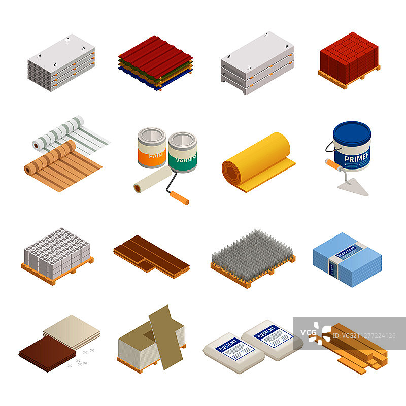 2.5D建筑材料等距图标集，包含硬件和建筑用品的16个孤立图像矢量插图。建筑材料图标集图片素材