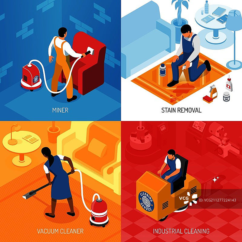 清洁服务概念2.5D素材：工业住宅地板抛光、地毯清洁、除污图片素材
