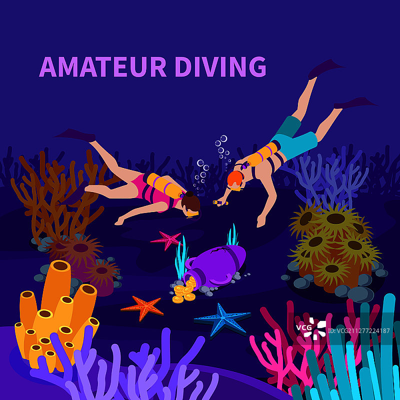 业余潜水2.5D构图：潜水员和海底古双耳瓶矢量图图片素材