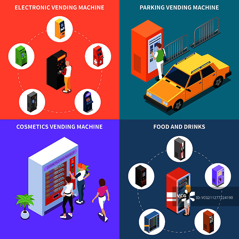 具有化妆品、食品、饮料和停车服务的自动售货机等距设计概念矢量图图片素材