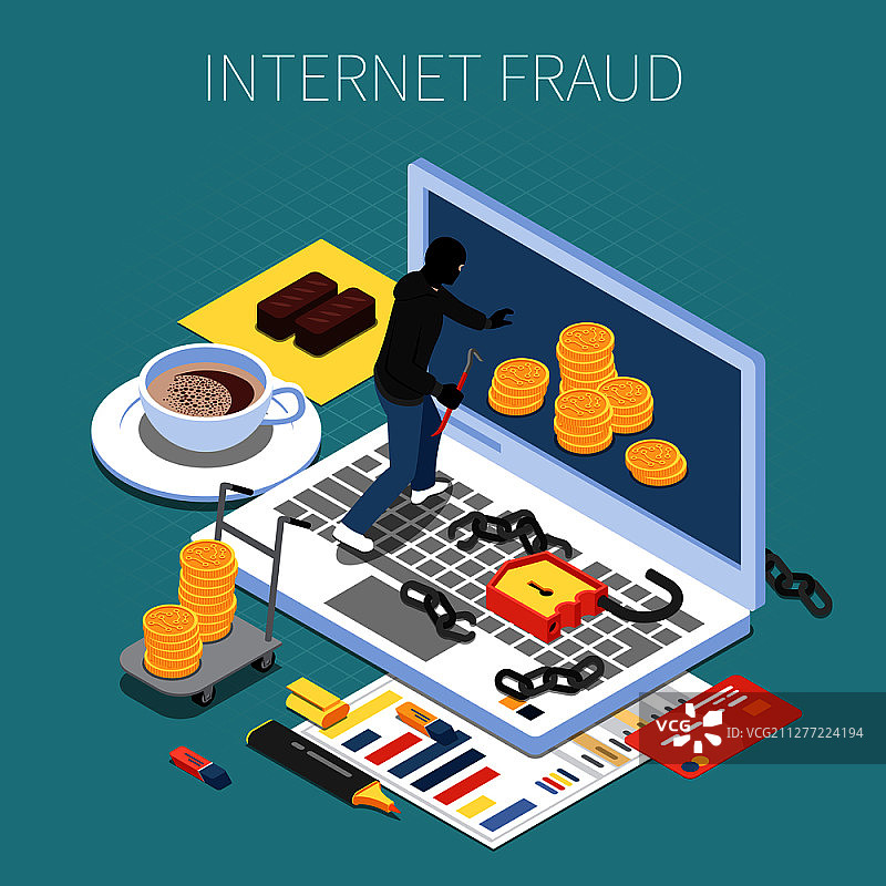 互联网诈骗黑客攻击电脑2.5D插画图片素材