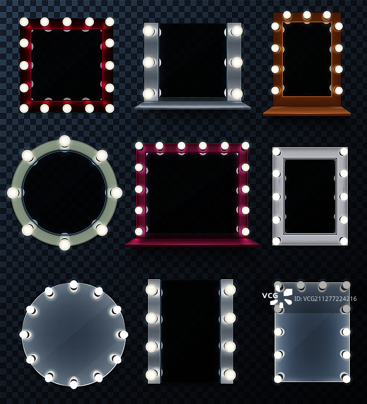 带不同框架和灯的化妆镜墙面装饰写实场景透明背景矢量素材图片素材