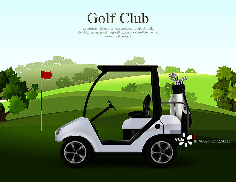 带有球杆袋的空高尔夫球车在绿色球场上的真实矢量插图图片素材