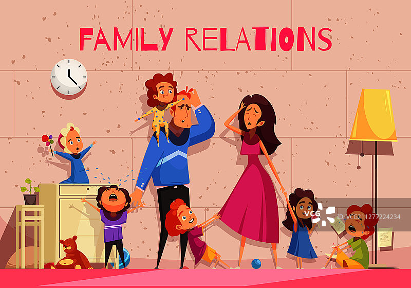 家庭关系卡通海报：疲惫的父母厌倦孩子吵闹矢量插画，欧洲家庭插画图片素材
