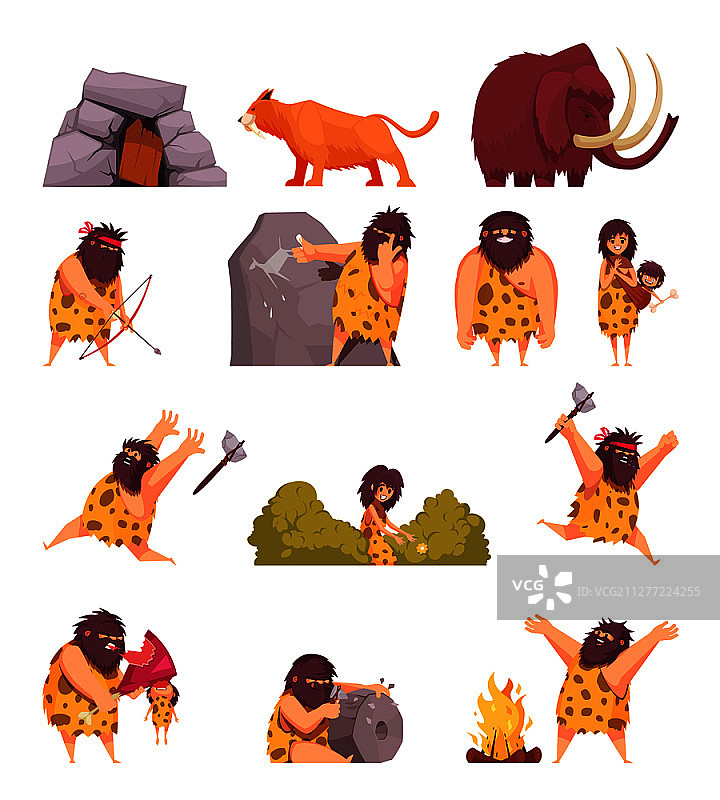 石器时代原始人卡通图标，包括穴居人毛皮武器和古代动物，独立矢量插图。石器时代的原始人图片素材