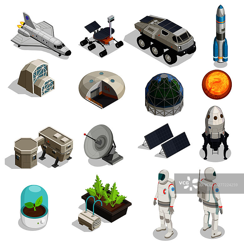 火星殖民2.5D宇航员太空服漫游者火箭卫星太阳能电池板元素矢量插画图片素材