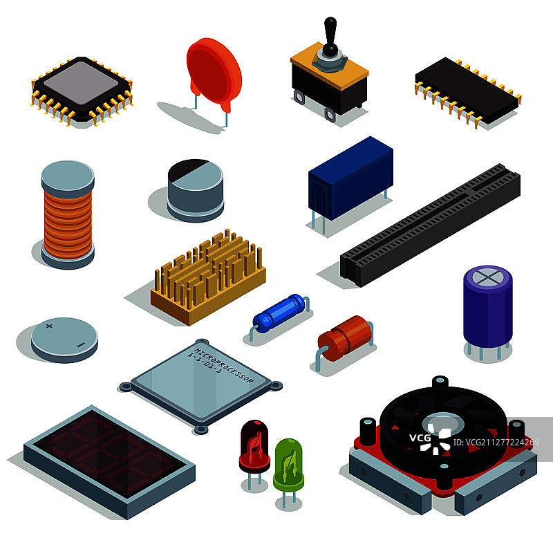 微芯片微处理器二极管晶体管电容器电阻器插槽2.5D元件矢量图图片素材