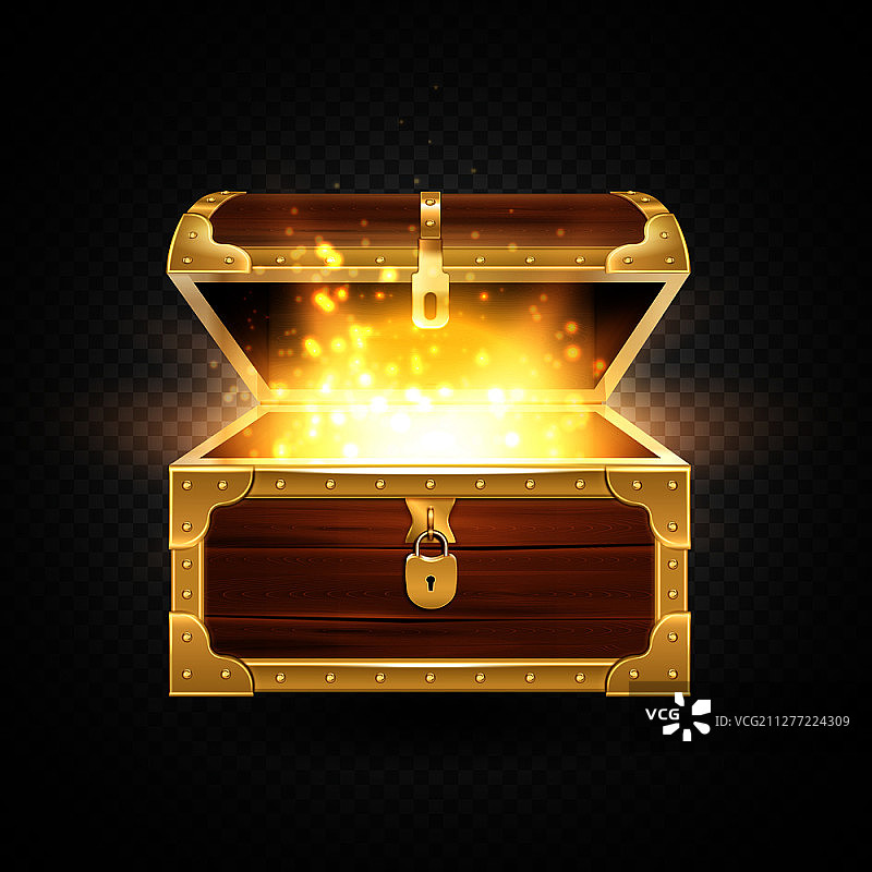 旧木箱中的光芒写实构图透明背景，复古箱子和闪光颗粒矢量图图片素材