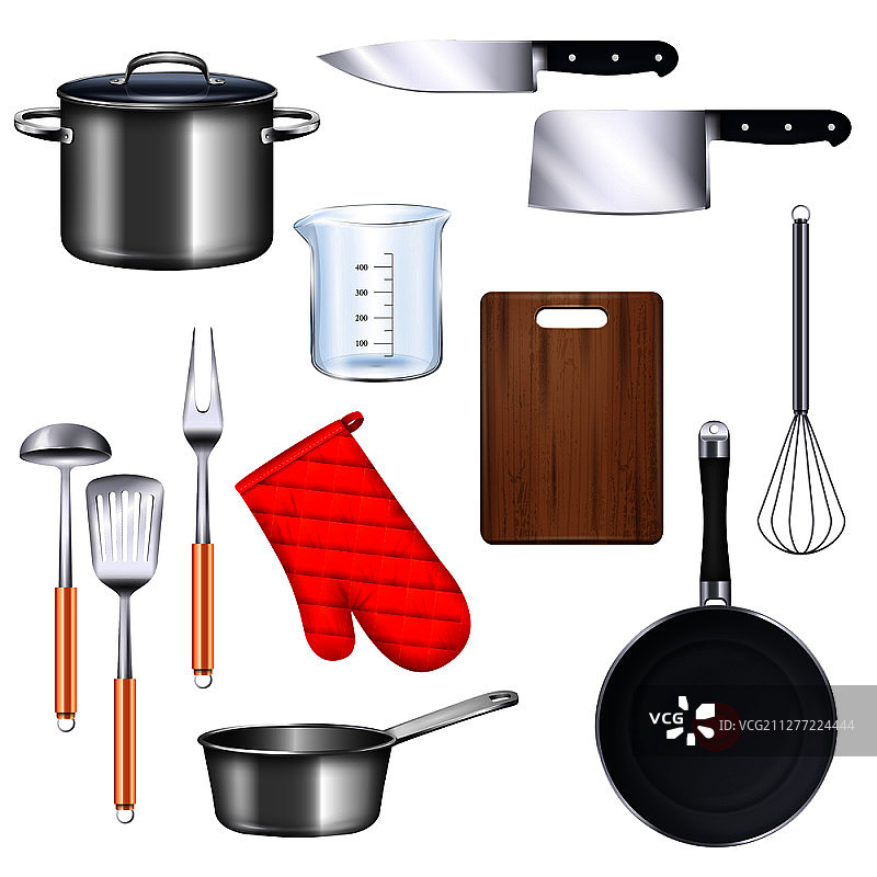 厨房用具图标集，包含平底锅和刀具矢量图图片素材
