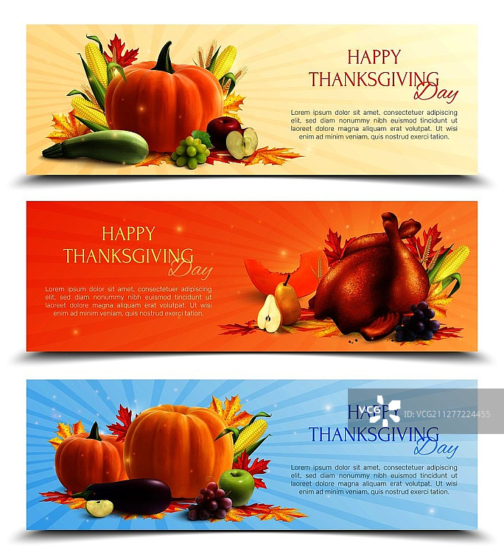 感恩节横幅与秋收和烤火鸡矢量素材图片素材
