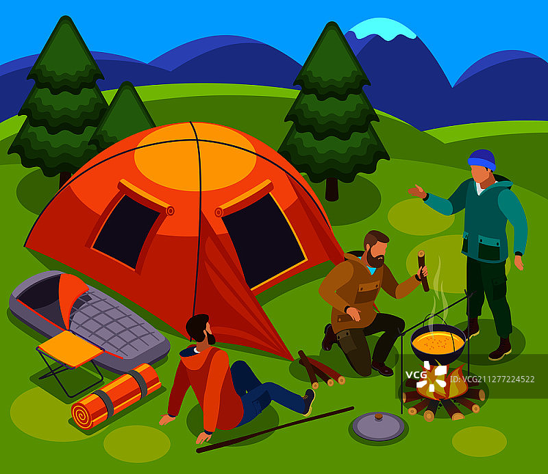 野外露营地2.5D插画：帐篷、篝火和徒步旅行者图片素材