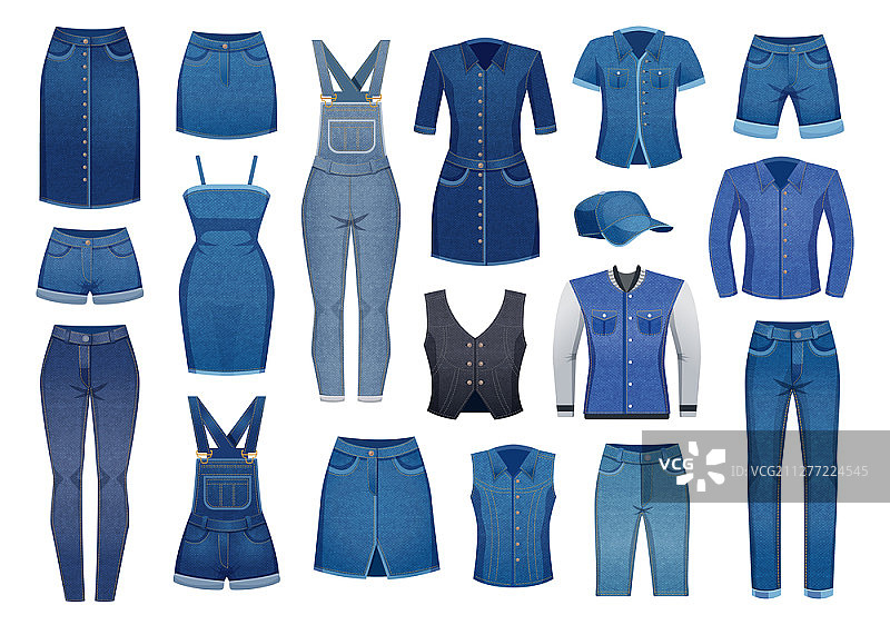 现代男女士牛仔服装图标，扁平矢量插画，白色背景图片素材