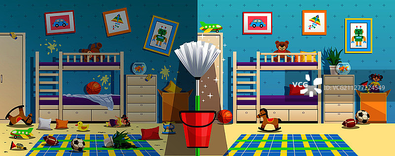 凌乱儿童房清洁前后扁平矢量插画图片素材