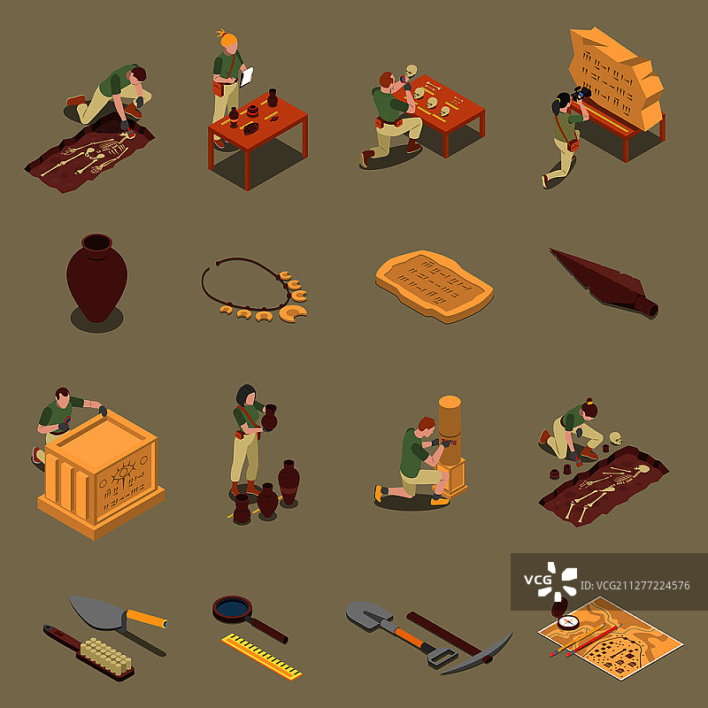 考古等距图标集，包含古代文物符号，矢量图图片素材