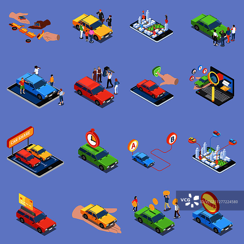 共享汽车图标集：包含拼车符号的2.5D矢量插图图片素材