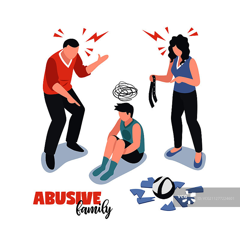 具有虐待符号的家庭冲突等距孤立矢量图图片素材