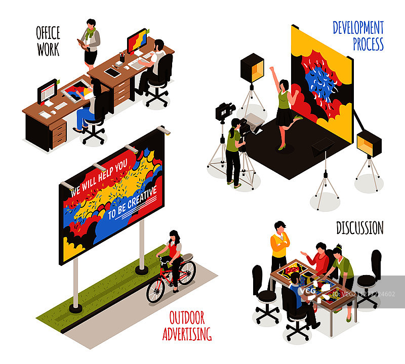 具有开发过程符号的广告公司设计集2.5D矢量插图图片素材