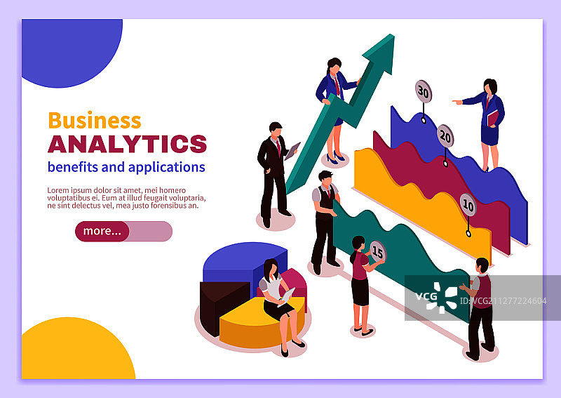 具有益处和应用符号的商业分析师海报等距孤立矢量图图片素材