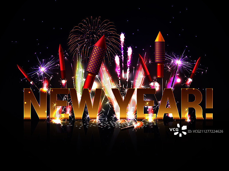 孟加拉烟花：具有发光粒子的新年构图，可编辑的文本与反射矢量图图片素材