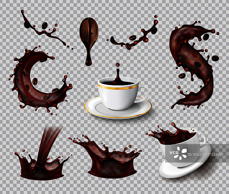 咖啡飞溅、咖啡豆和陶瓷杯矢量插画图片素材