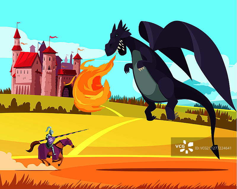 英雄骑士在中世纪王国城堡前与巨龙搏斗卡通矢量插画图片素材