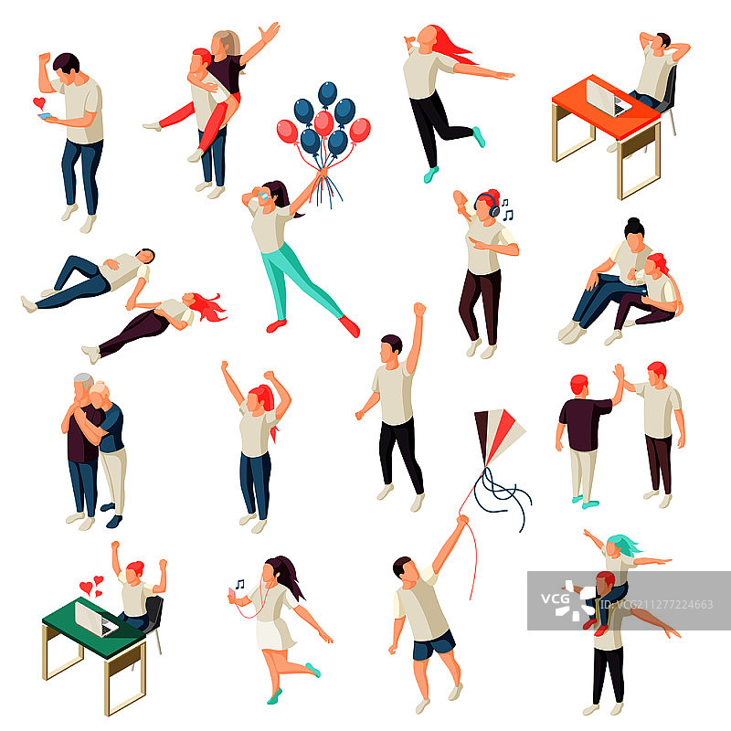 快乐的人们户外休闲活动2.5D矢量图标图片素材