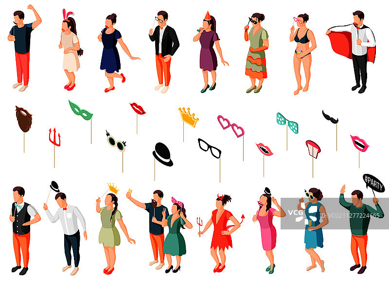 派对嘉宾装扮道具2.5D图标集：眼罩、唇形、帽子矢量素材图片素材