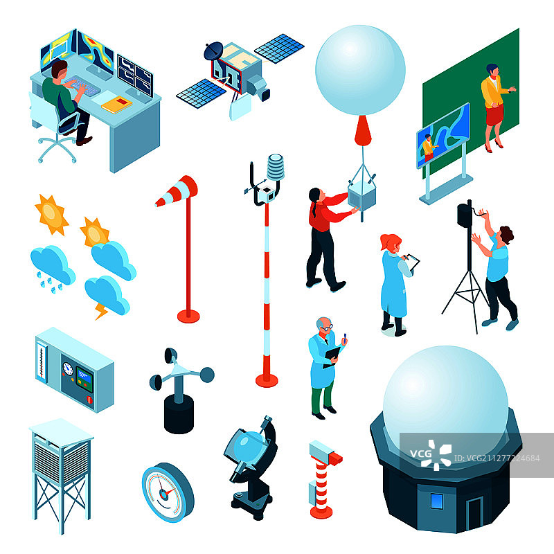 带天气测量设备和预报员的等距气象中心图标图片素材