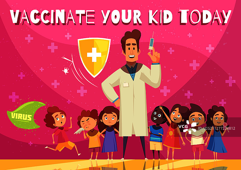 儿童疫苗接种益处宣传海报：儿童健康保护盾牌标志，医生与注射器卡通矢量插画图片素材