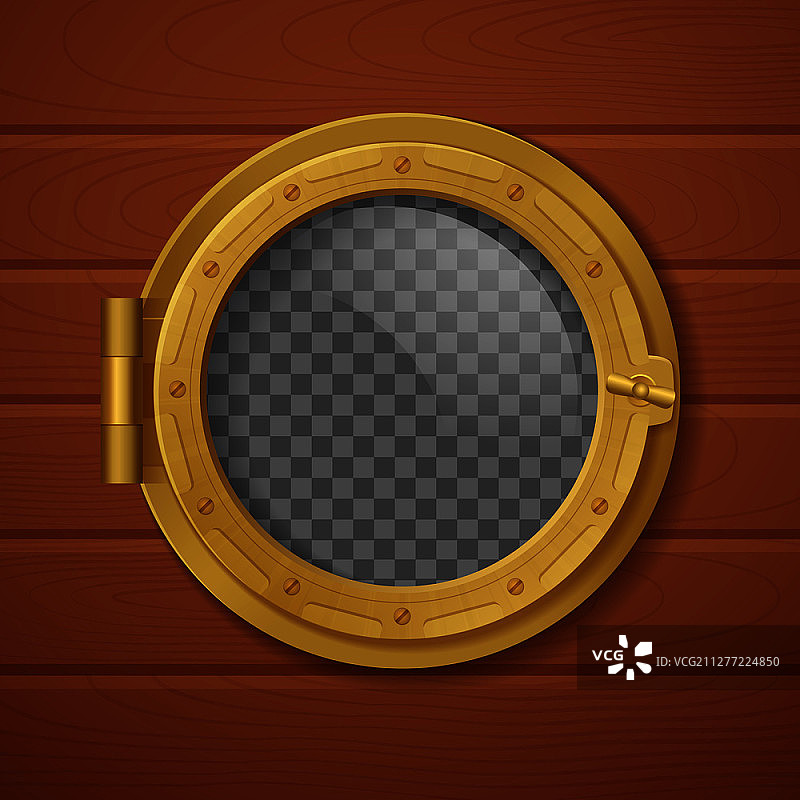 金色舷窗写实构图，透明背景木墙矢量插画图片素材