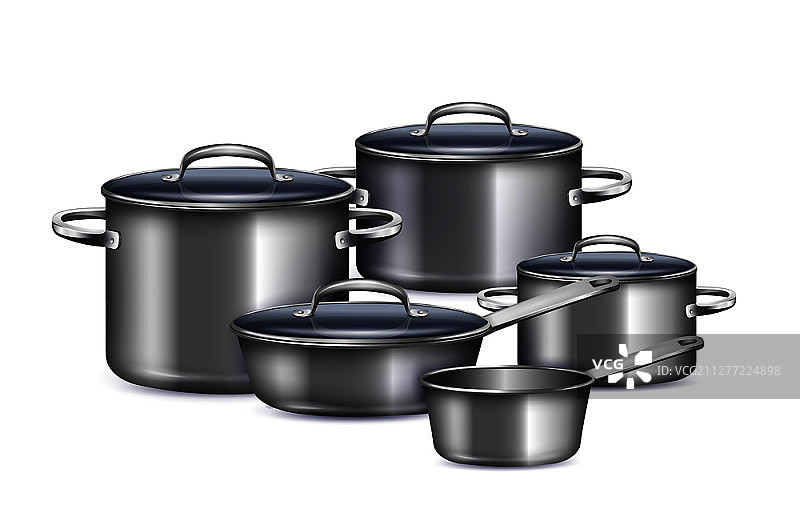 用于烹饪早午晚餐的平底锅套装现实矢量图图片素材