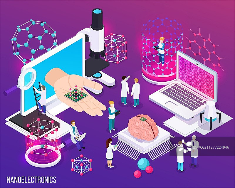 纳米电子等距组合，图标展示了微生物学和现代医学的科学成就矢量图图片素材