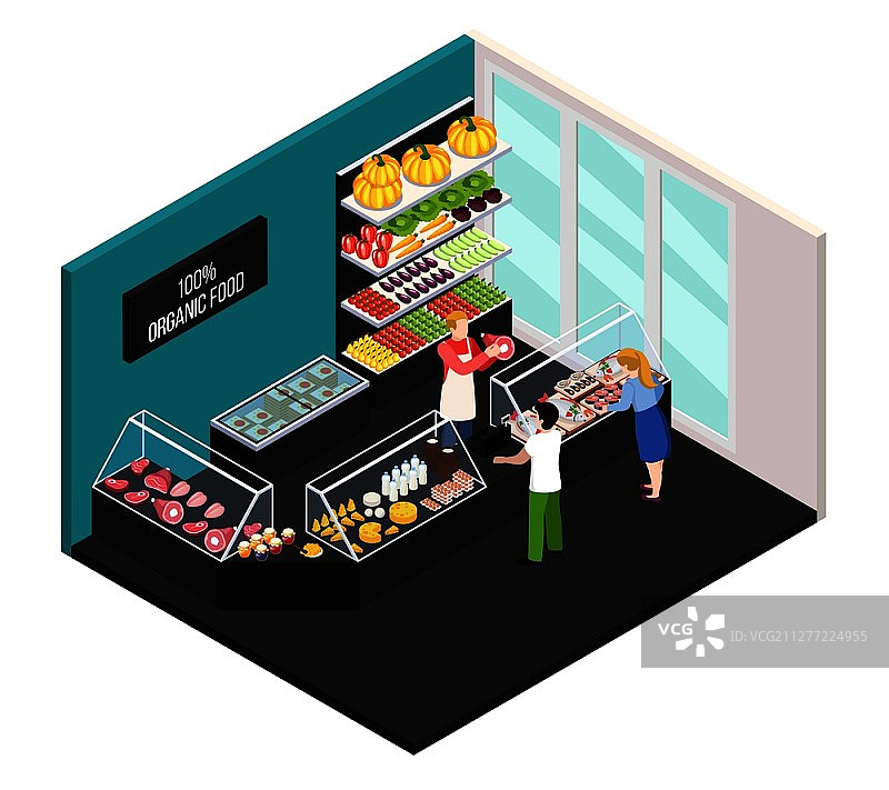 有机食品农贸市场等距内部，卖家向买家展示新鲜农场肉类矢量图图片素材