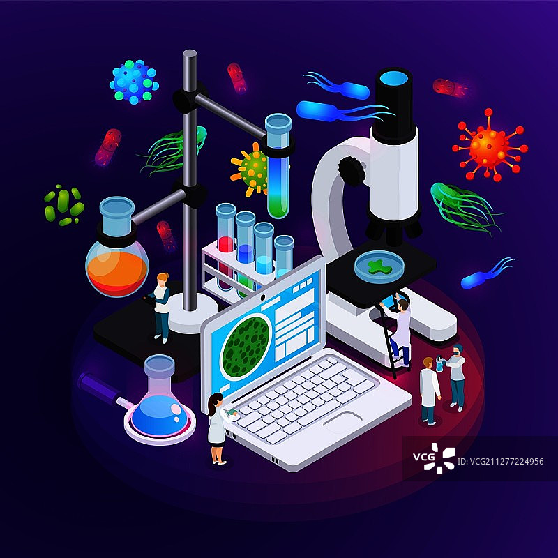 微生物学等距海报，展示科学实验室用于研究细菌和病毒结构的设备矢量图图片素材