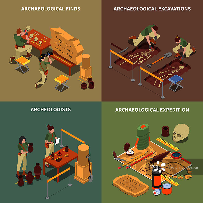 考古学2.5D概念图标，包含挖掘和发现符号矢量插图图片素材