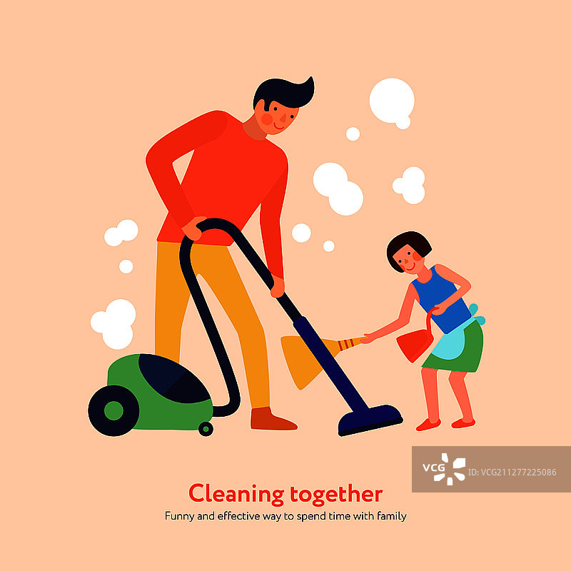 父亲女儿用吸尘器扫帚一起家居清洁矢量图图片素材